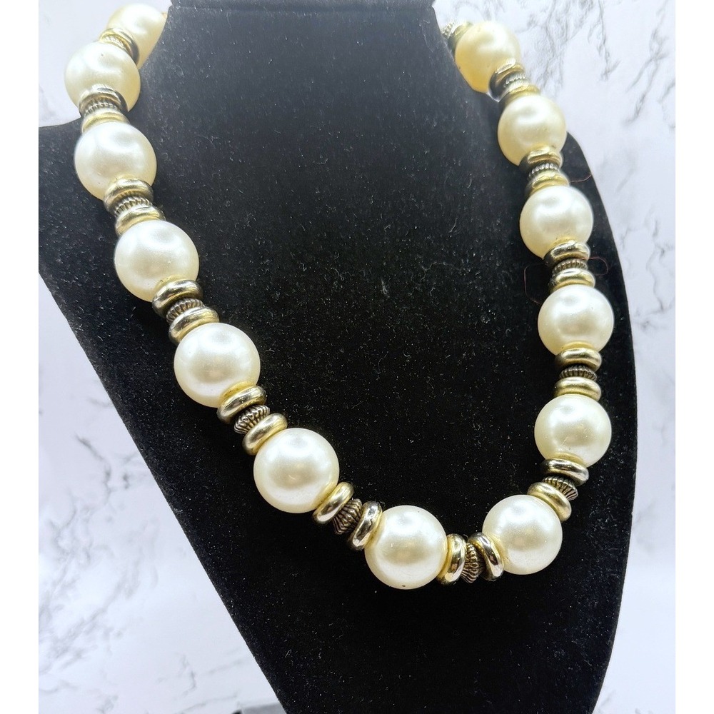 Chunky Faux‎ Pearl Necklace Gold Spacer Beads Statement 18" Classic